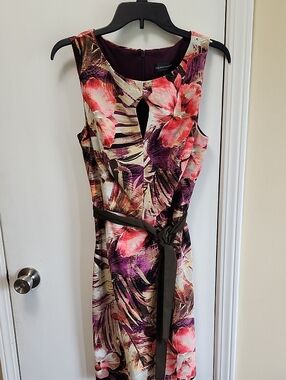 connected apparel Floral Keyhole Midi Dress in Pink, Purple and Brown